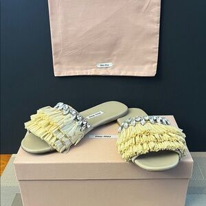 Miu Miu Cream Fringe Sandals with Crystal Accents | Size 37.5